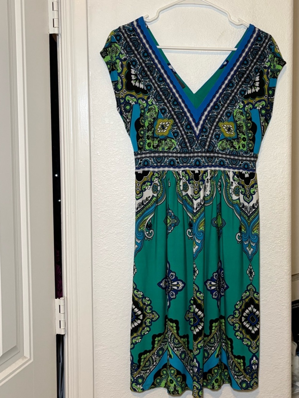 Kiara Teal and Blue Printed V-Neck Mini Dress - Picture 3 of 3